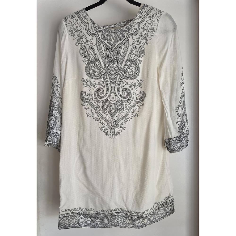Ecote Women's Blouse Size M Paisley 3/4 Sleeve White Boho Top Shirt Tunic